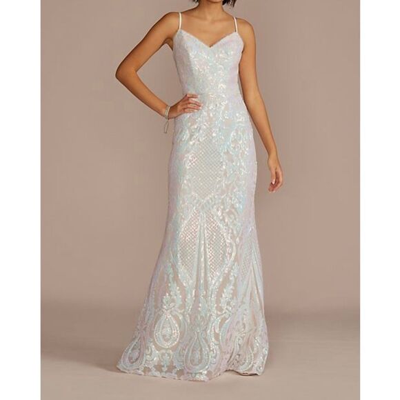 Jules‎ & Cleo Iridescent Sequin Mermaid Sheath Maxi Dress White Juniors 2 - Picture 2 of 16